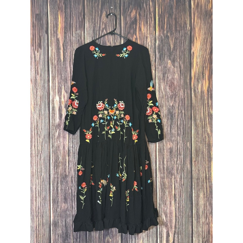Zoya Womens Black Floral Embroidered Boho Drop Waist Ruffle Hem Midi Dress